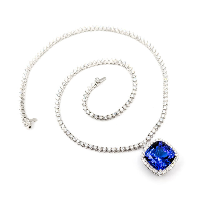 Necklace Tennis Necklace Drop 10.17ctw Round Diamonds 19.81ctw Blue Tanzanite GIA Plat .7x.7" 17" 35.7g 225110116