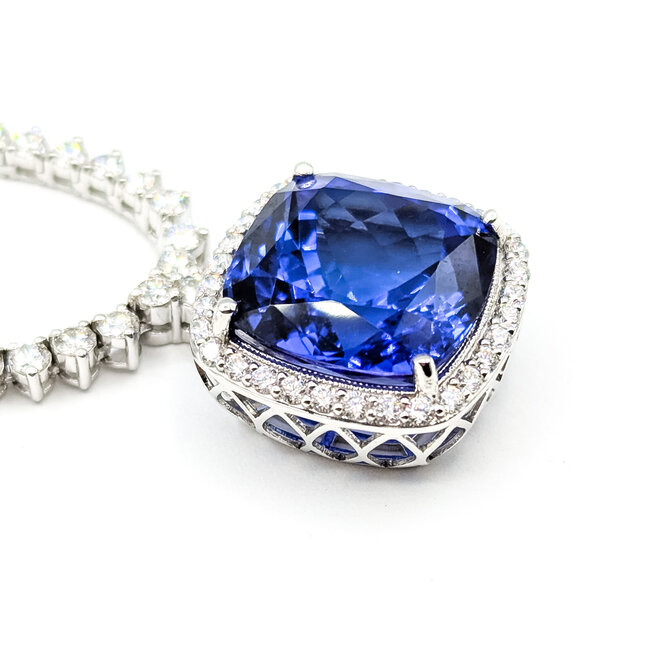 Necklace Tennis Necklace Drop 10.17ctw Round Diamonds 19.81ctw Blue Tanzanite GIA Plat .7x.7" 17" 35.7g 225110116