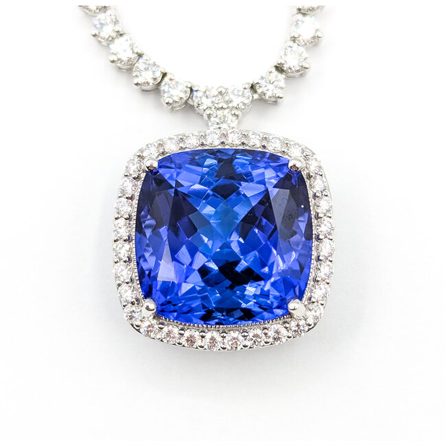 Necklace Tennis Necklace Drop 10.17ctw Round Diamonds 19.81ctw Blue Tanzanite GIA Plat .7x.7" 17" 35.7g 225110116