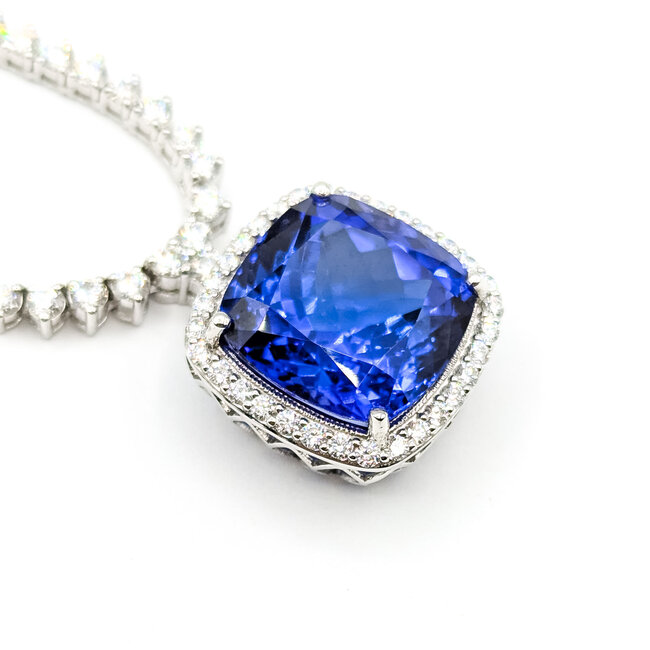 Necklace Tennis Necklace Drop 10.17ctw Round Diamonds 19.81ctw Blue Tanzanite GIA Plat .7x.7" 17" 35.7g 225110116