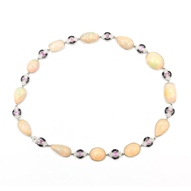 Necklace Station Black Enamel 1.07ctw Round Diamonds 4.09ctw Pink Sapphire 91.1ctw Ethiopian Cabochon Opal Palt 10-18mm 19" 57.1g 225110114