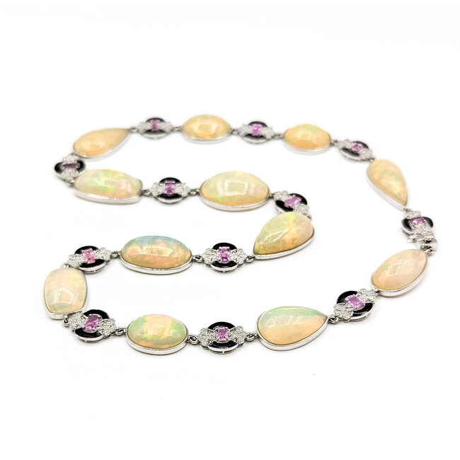 Necklace Station Black Enamel 1.07ctw Round Diamonds 4.09ctw Pink Sapphire 91.1ctw Ethiopian Cabochon Opal Palt 10-18mm 19" 57.1g 225110114