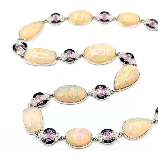 Necklace Station Black Enamel 1.07ctw Round Diamonds 4.09ctw Pink Sapphire 91.1ctw Ethiopian Cabochon Opal Palt 10-18mm 19" 57.1g 225110114