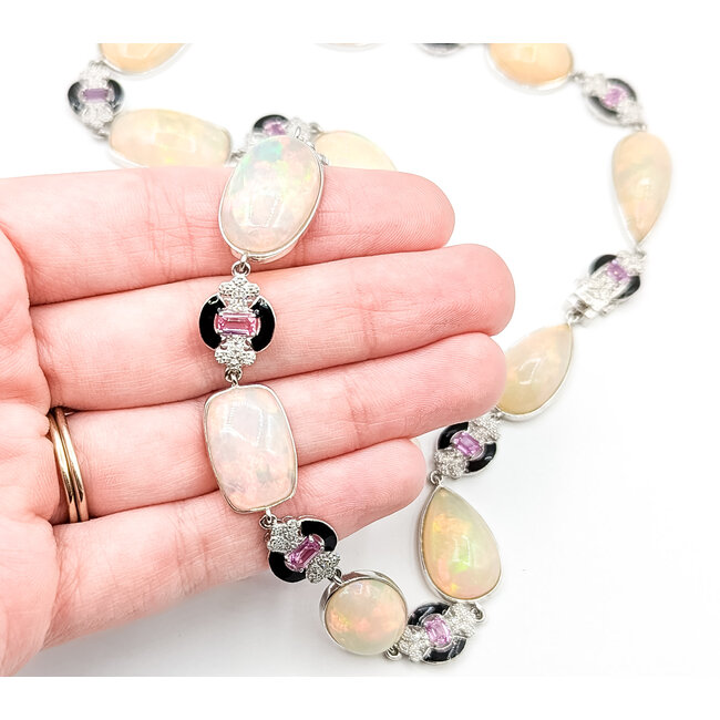 Necklace Station Black Enamel 1.07ctw Round Diamonds 4.09ctw Pink Sapphire 91.1ctw Ethiopian Cabochon Opal Palt 10-18mm 19" 57.1g 225110114