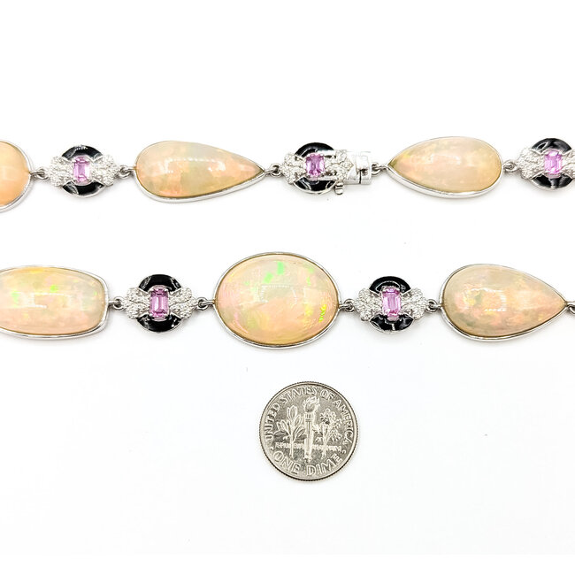 Necklace Station Black Enamel 1.07ctw Round Diamonds 4.09ctw Pink Sapphire 91.1ctw Ethiopian Cabochon Opal Palt 10-18mm 19" 57.1g 225110114