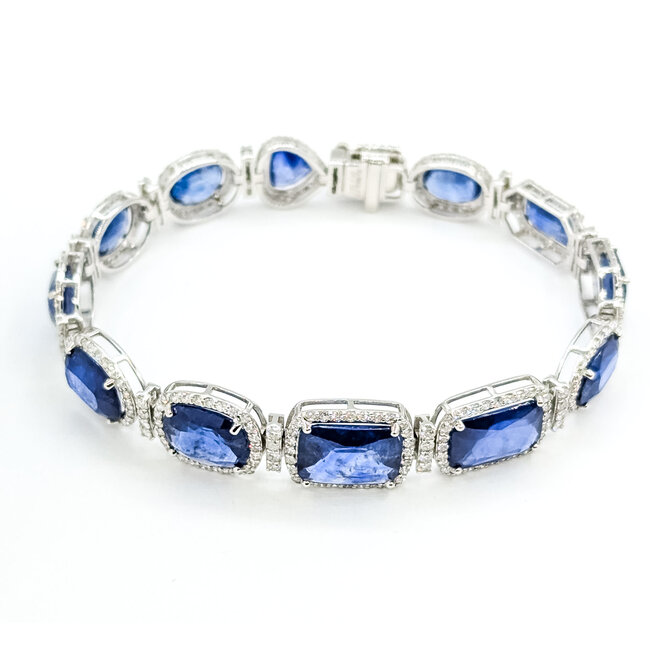 Bracelet Halo Station Tennis 3.48ctw Round Diamonds 31.04ctw Royal Blue Sapphire Plat 12mm 7" 24.6g 225110101
