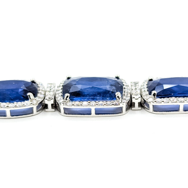 Bracelet Halo Station Tennis 3.48ctw Round Diamonds 31.04ctw Royal Blue Sapphire Plat 12mm 7" 24.6g 225110101
