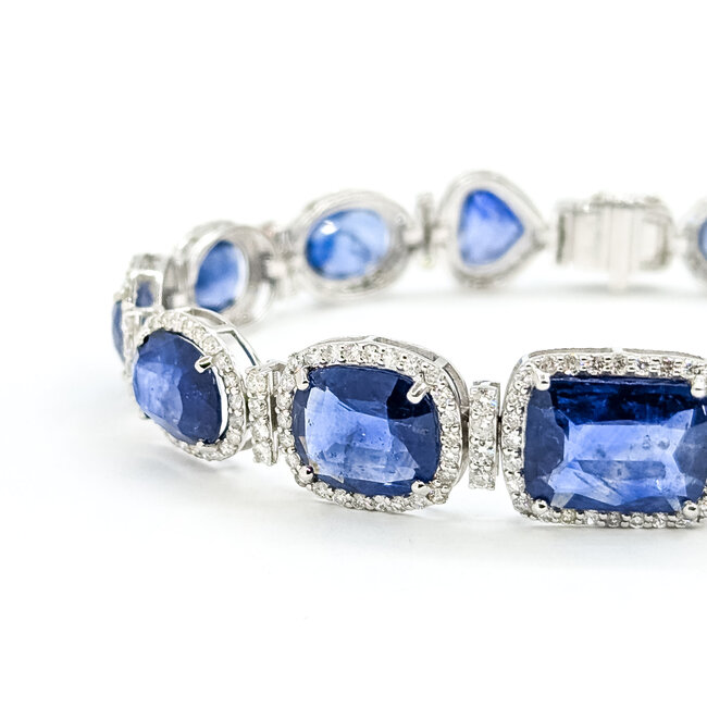 Bracelet Halo Station Tennis 3.48ctw Round Diamonds 31.04ctw Royal Blue Sapphire Plat 12mm 7" 24.6g 225110101
