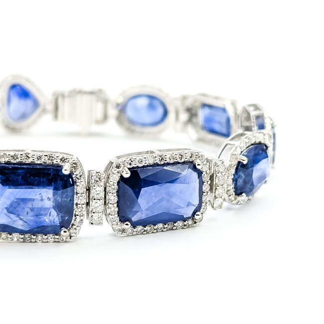 Bracelet Halo Station Tennis 3.48ctw Round Diamonds 31.04ctw Royal Blue Sapphire Plat 12mm 7" 24.6g 225110101