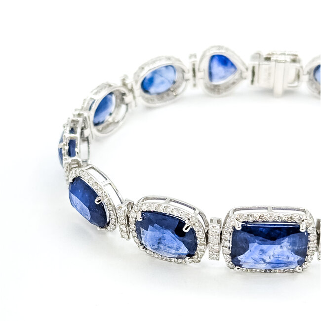 Bracelet Halo Station Tennis 3.48ctw Round Diamonds 31.04ctw Royal Blue Sapphire Plat 12mm 7" 24.6g 225110101
