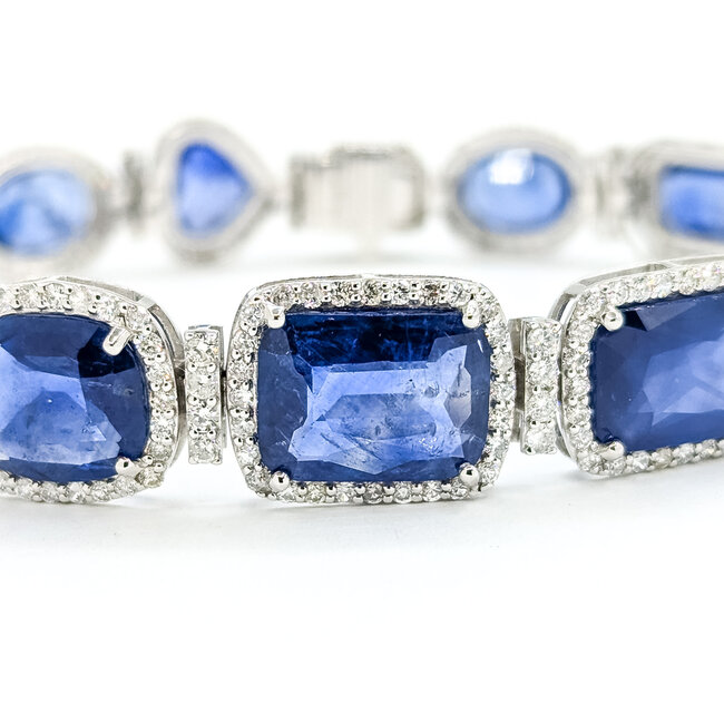 Bracelet Halo Station Tennis 3.48ctw Round Diamonds 31.04ctw Royal Blue Sapphire Plat 12mm 7" 24.6g 225110101