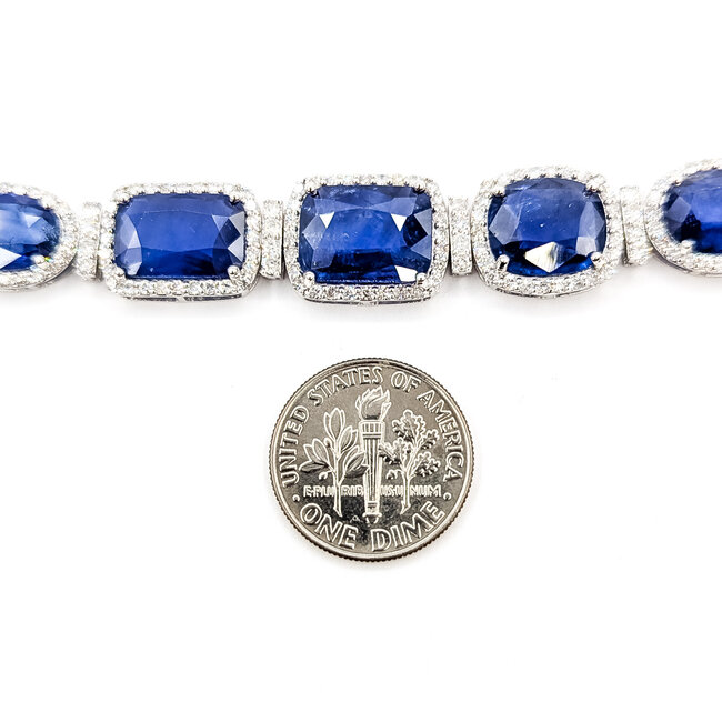 Bracelet Halo Station Tennis 3.48ctw Round Diamonds 31.04ctw Royal Blue Sapphire Plat 12mm 7" 24.6g 225110101