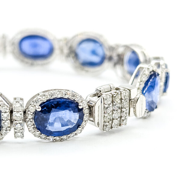 Bracelet Halo Station Tennis 3.48ctw Round Diamonds 31.04ctw Royal Blue Sapphire Plat 12mm 7" 24.6g 225110101