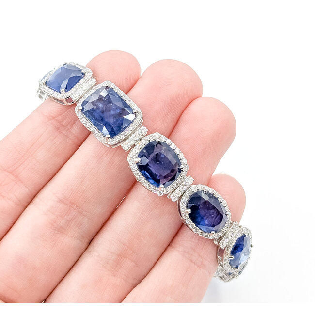 Bracelet Halo Station Tennis 3.48ctw Round Diamonds 31.04ctw Royal Blue Sapphire Plat 12mm 7" 24.6g 225110101