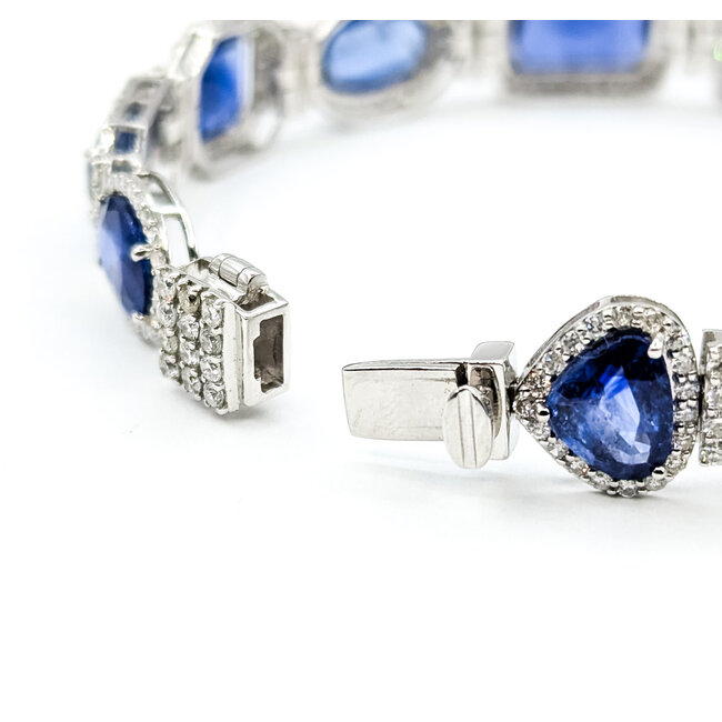 Bracelet Halo Station Tennis 3.48ctw Round Diamonds 31.04ctw Royal Blue Sapphire Plat 12mm 7" 24.6g 225110101
