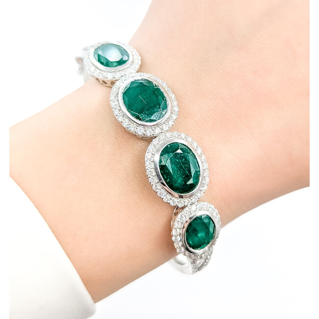 Bracelet Bangle Hinge 2.49ctw Round Diamonds 14.47ctw Emerald Plat 15mm 7.25" 31.8g 225110096