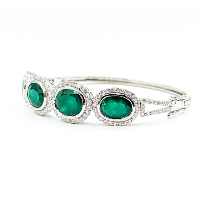 Bracelet Bangle Hinge 2.49ctw Round Diamonds 14.47ctw Emerald Plat 15mm 7.25" 31.8g 225110096