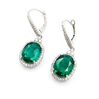 Earrings Lever Back Drop Halo 1.20ctw Round Diamonds 11.31ctw Emerald Plat 1.5x.5" 12.0g 225110110