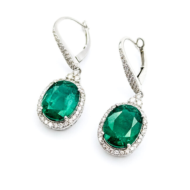 Earrings Lever Back Drop Halo 1.20ctw Round Diamonds 11.31ctw Emerald Plat 1.5x.5" 12.0g 225110110