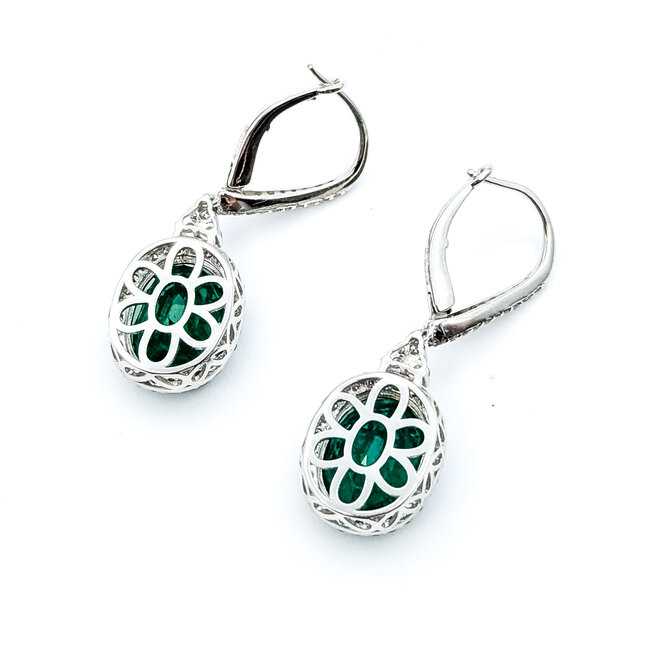 Earrings Lever Back Drop Halo 1.20ctw Round Diamonds 11.31ctw Emerald Plat 1.5x.5" 12.0g 225110110