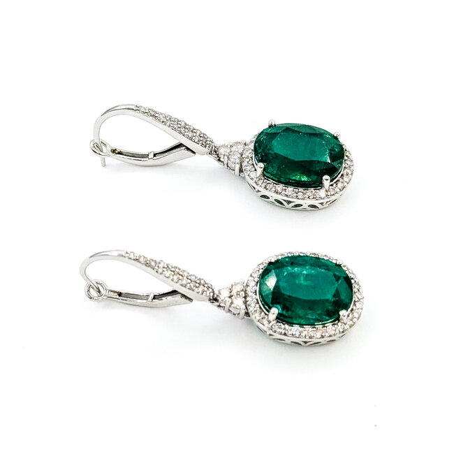 Earrings Lever Back Drop Halo 1.20ctw Round Diamonds 11.31ctw Emerald Plat 1.5x.5" 12.0g 225110110
