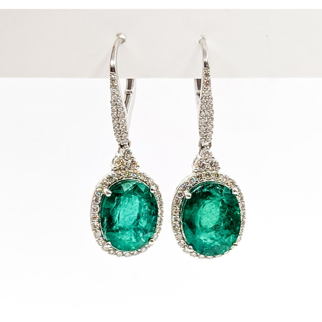 Earrings Lever Back Drop Halo 1.20ctw Round Diamonds 11.31ctw Emerald Plat 1.5x.5" 12.0g 225110110