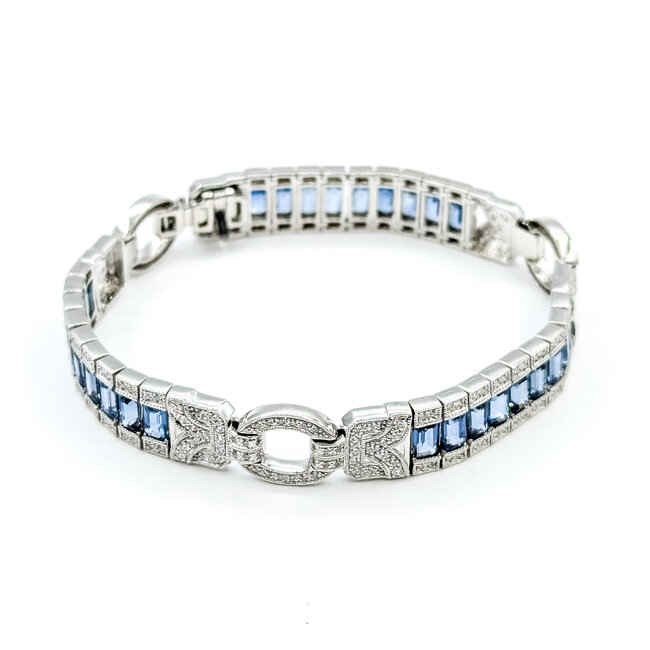 Bracelet Railroad Link Milgrain 1.36ctw Round Diamonds 10.38ctw Blue Sapphire Plat 9.5mm 6.7" 32.5g 225110099