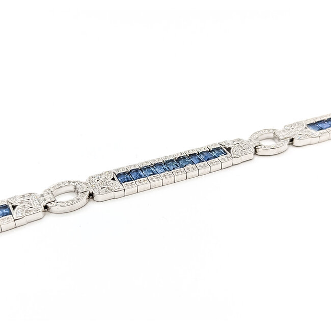 Bracelet Railroad Link Milgrain 1.36ctw Round Diamonds 10.38ctw Blue Sapphire Plat 9.5mm 6.7" 32.5g 225110099