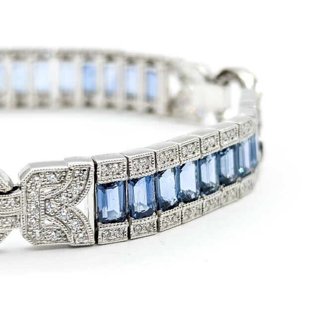 Bracelet Railroad Link Milgrain 1.36ctw Round Diamonds 10.38ctw Blue Sapphire Plat 9.5mm 6.7" 32.5g 225110099
