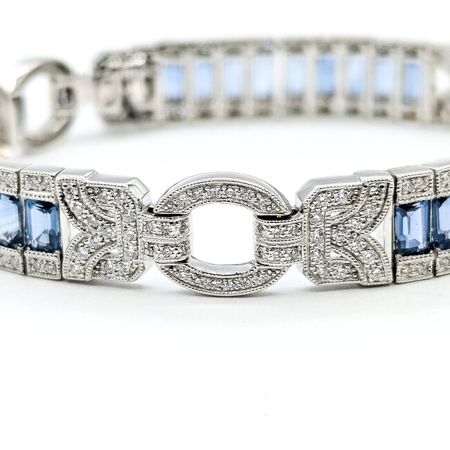 Bracelet Railroad Link Milgrain 1.36ctw Round Diamonds 10.38ctw Blue Sapphire Plat 9.5mm 6.7" 32.5g 225110099