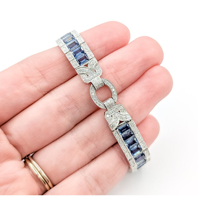 Bracelet Railroad Link Milgrain 1.36ctw Round Diamonds 10.38ctw Blue Sapphire Plat 9.5mm 6.7" 32.5g 225110099