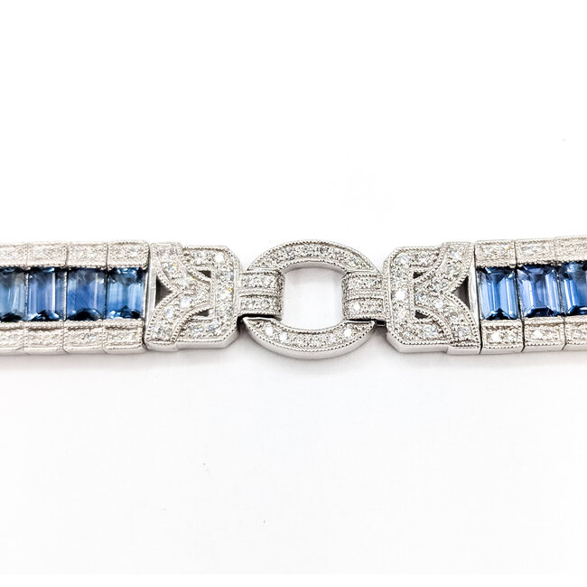 Bracelet Railroad Link Milgrain 1.36ctw Round Diamonds 10.38ctw Blue Sapphire Plat 9.5mm 6.7" 32.5g 225110099