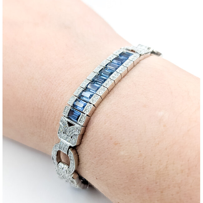 Bracelet Railroad Link Milgrain 1.36ctw Round Diamonds 10.38ctw Blue Sapphire Plat 9.5mm 6.7" 32.5g 225110099