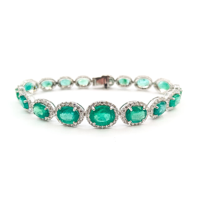 Bracelet Oval Link Halo 3.67ctw Round Diamonds 15.64ctw Emerald Plat 7-11mm 7" 18.4g 225110102