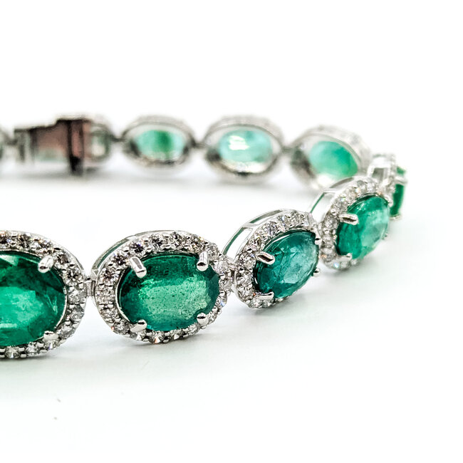 Bracelet Oval Link Halo 3.67ctw Round Diamonds 15.64ctw Emerald Plat 7-11mm 7" 18.4g 225110102