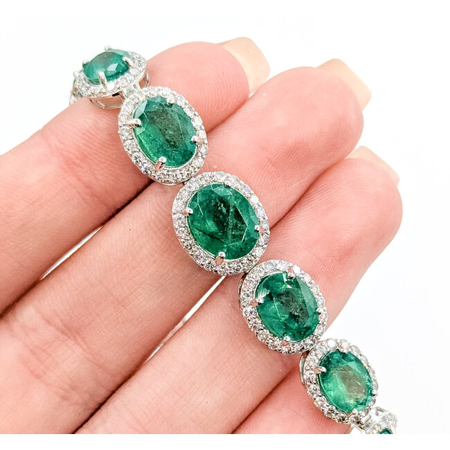 Bracelet Oval Link Halo 3.67ctw Round Diamonds 15.64ctw Emerald Plat 7-11mm 7" 18.4g 225110102