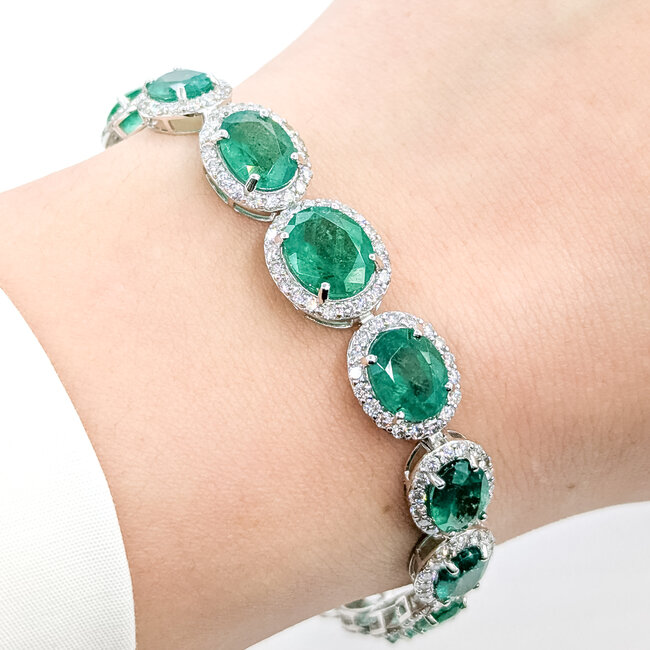 Bracelet Oval Link Halo 3.67ctw Round Diamonds 15.64ctw Emerald Plat 7-11mm 7" 18.4g 225110102