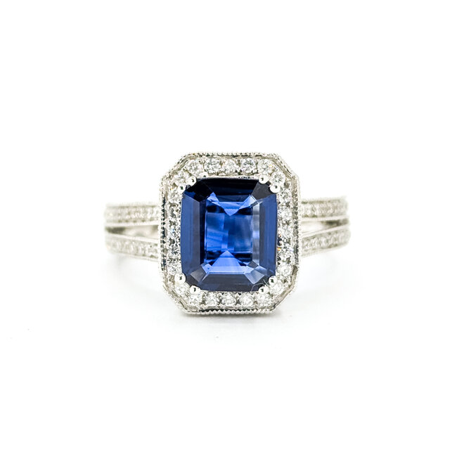 Ring Milgrain Halo 0.82ctw Round Diamonds 2.29ctw Royal Blue Sapphire 18kw 13x11mm Sz6.25 6.5g 225110119