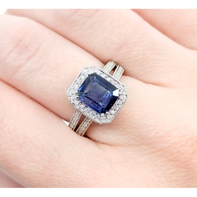 Ring Milgrain Halo 0.82ctw Round Diamonds 2.29ctw Royal Blue Sapphire 18kw 13x11mm Sz6.25 6.5g 225110119