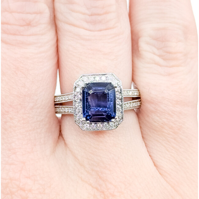 Ring Milgrain Halo 0.82ctw Round Diamonds 2.29ctw Royal Blue Sapphire 18kw 13x11mm Sz6.25 6.5g 225110119