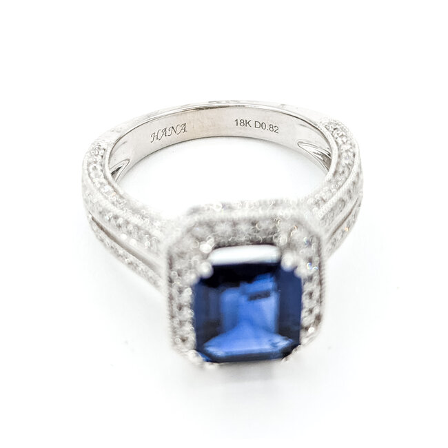 Ring Milgrain Halo 0.82ctw Round Diamonds 2.29ctw Royal Blue Sapphire 18kw 13x11mm Sz6.25 6.5g 225110119
