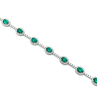 Bracelet Halo Station Tennis 3.28ctw Round Diamonds 6.76ctw Emerald 14kw 9mm 7.25" 11.4g 225110100