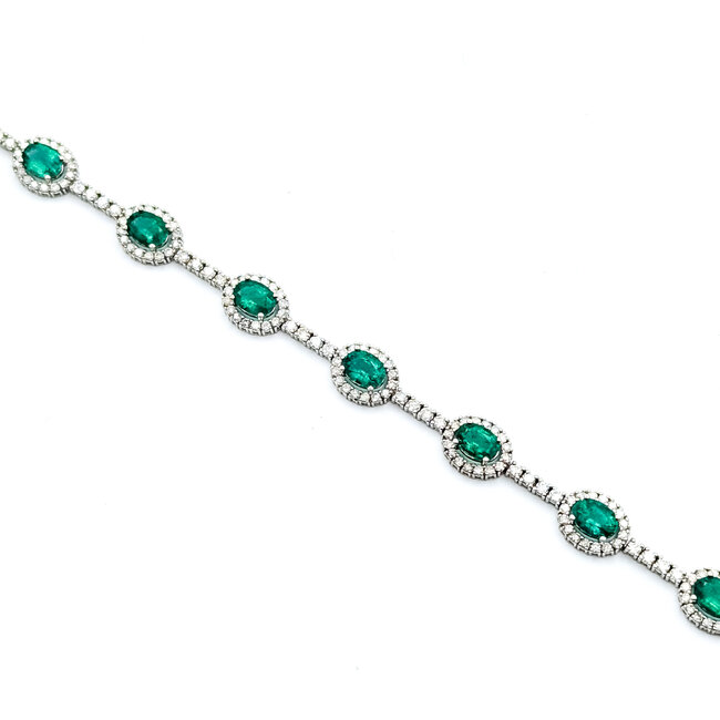Bracelet Halo Station Tennis 3.28ctw Round Diamonds 6.76ctw Emerald 14kw 9mm 7.25" 11.4g 225110100