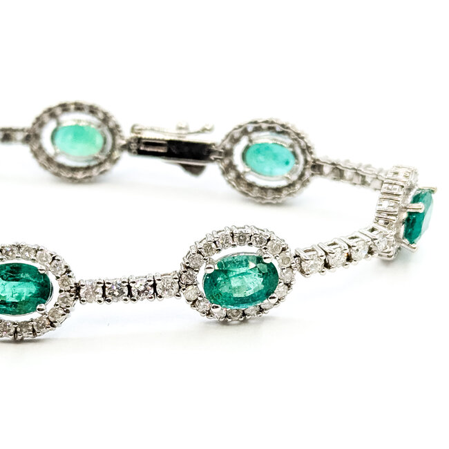 Bracelet Halo Station Tennis 3.28ctw Round Diamonds 6.76ctw Emerald 14kw 9mm 7.25" 11.4g 225110100