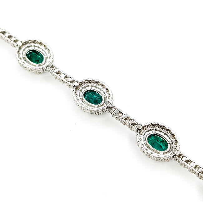 Bracelet Halo Station Tennis 3.28ctw Round Diamonds 6.76ctw Emerald 14kw 9mm 7.25" 11.4g 225110100