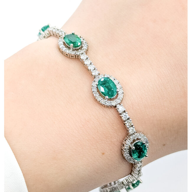 Bracelet Halo Station Tennis 3.28ctw Round Diamonds 6.76ctw Emerald 14kw 9mm 7.25" 11.4g 225110100