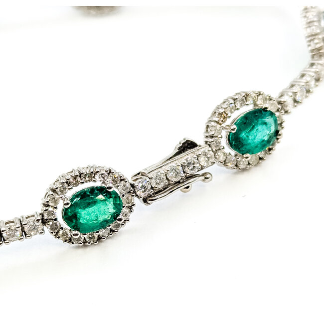 Bracelet Halo Station Tennis 3.28ctw Round Diamonds 6.76ctw Emerald 14kw 9mm 7.25" 11.4g 225110100