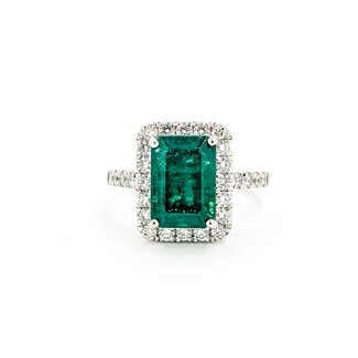 Ring Cocktail Halo 0.82ctw Round Diamonds 3.77ctw Emerald Plat 14x12mm Sz6.5 7.8g 225110121