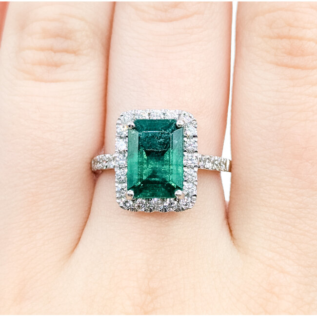 Ring Cocktail Halo 0.82ctw Round Diamonds 3.77ctw Emerald Plat 14x12mm Sz6.5 7.8g 225110121