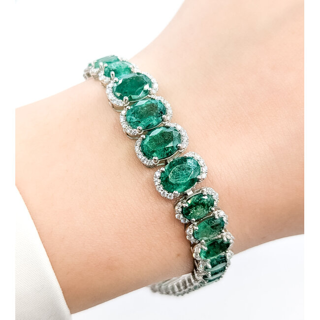 Bracelet Oval Link 2.50ctw Round Diamonds 22.94ctw Emerald Plat 9-12mm 7" 24.6g 225110103